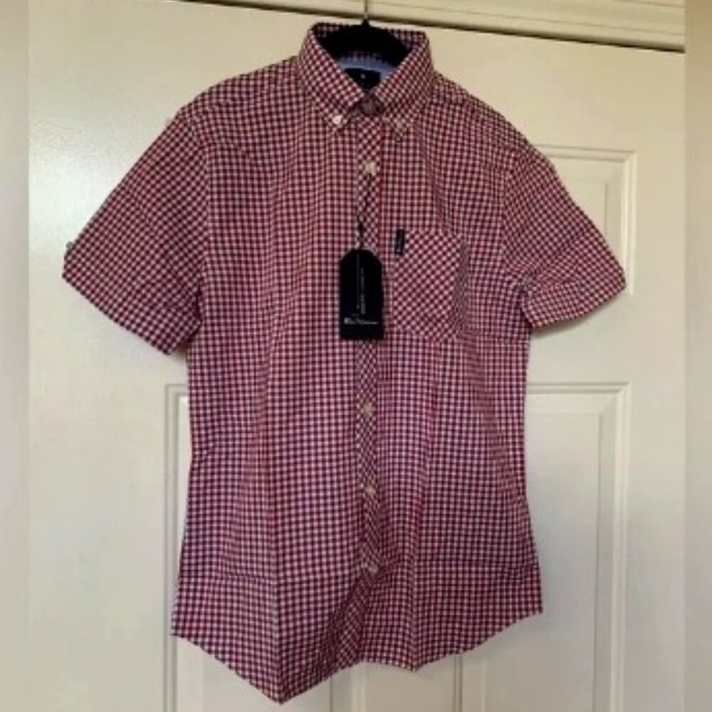 NWT Ben Sherman Mens Red Blue Plaid Short Sleeve Classic Fit Shirt Stretch Small